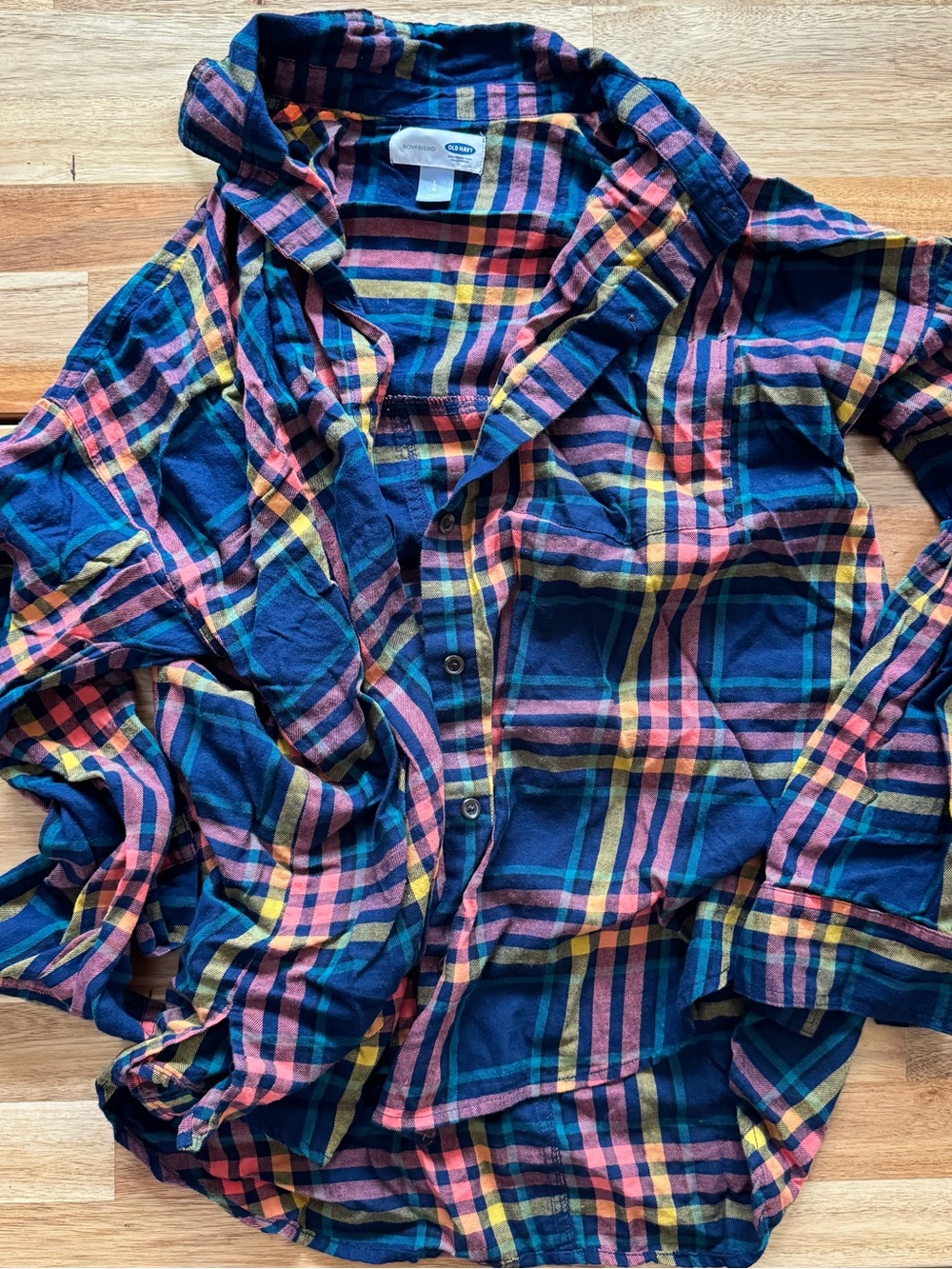Old Navy Navy Flannel Shirt with Pink, Yellow & Teal Stripes